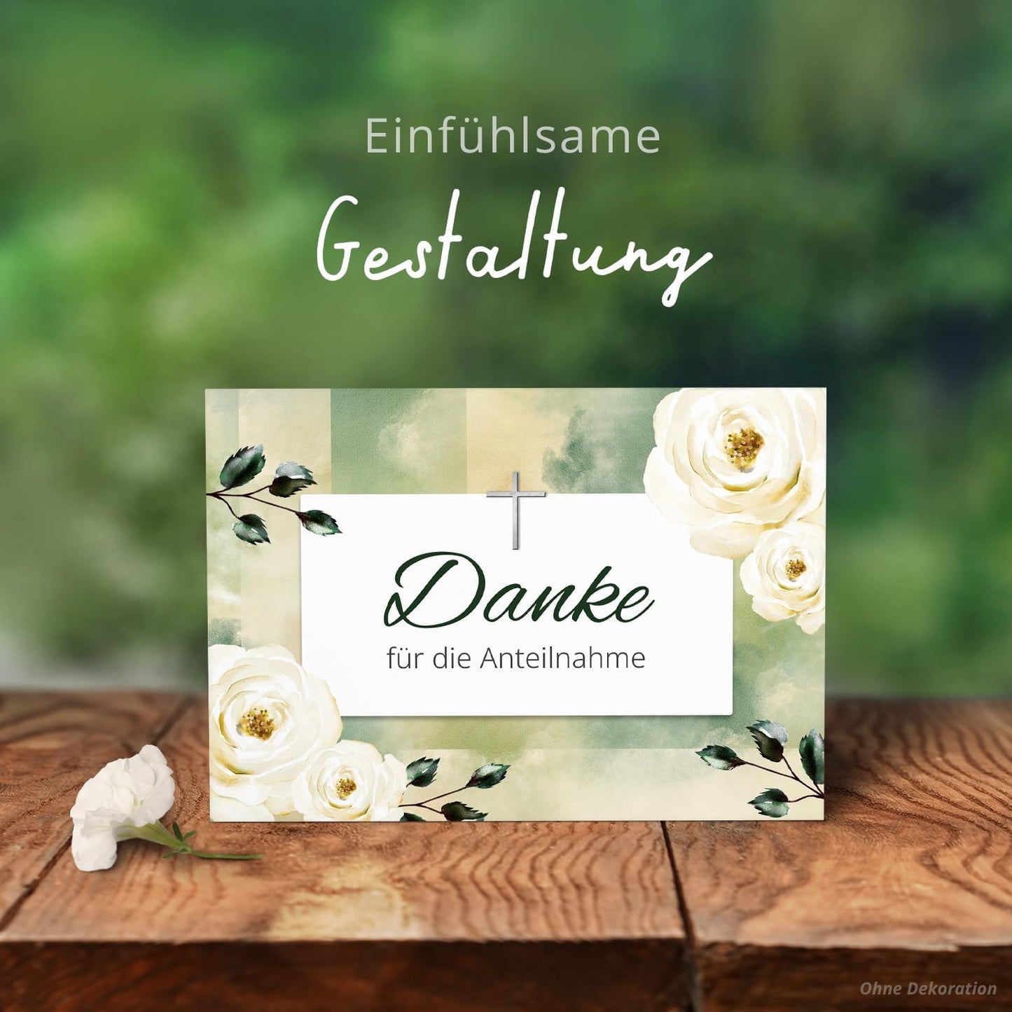 8 Trauer Danksagungskarten ausfüllbar mit Umschlag - Danke Trauerkarten Postkarten nach Beerdigung zum Ausfüllen mit Text Motiv Weisse Rosen mit Kreuz