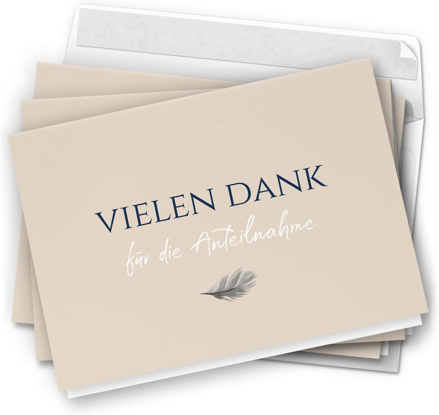 Danksagungskarten Trauer – 10 Klappkarten mit Umschlägen – Motiv: Feder auf Beige – Trauerkarten Danksagung mit Text – Dankeskarten Trauer nach Beerdigung