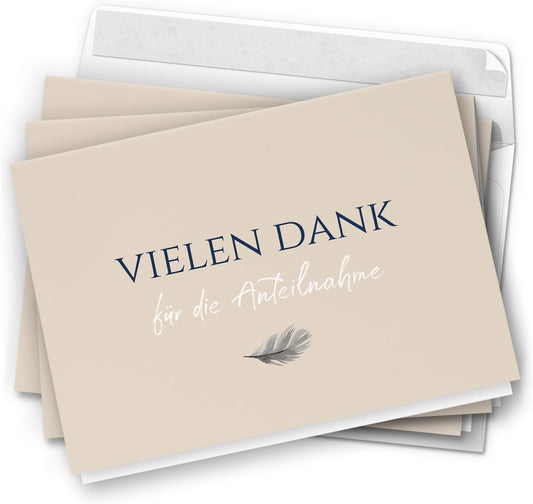 Danksagungskarten Trauer – 10 Klappkarten mit Umschlägen – Motiv: Feder auf Beige – Trauerkarten Danksagung mit Text – Dankeskarten Trauer nach Beerdigung