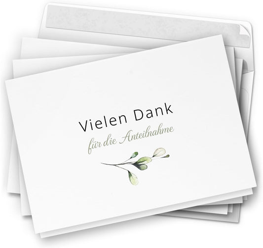 Danksagungskarten Trauer – 10 Klappkarten mit Umschlägen – Motiv: Zarte Blätter– Trauerkarten Danksagung Vielen Dank für Anteilnahme mit Text – Dankeskarten Trauer nach Beerdigung