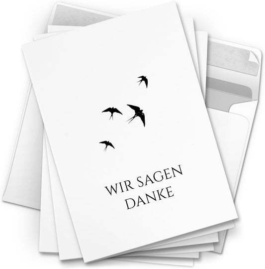 Danksagungskarten Trauer – 10 Klappkarten mit Umschlägen – Motiv: Vögel schwarz weiss – Trauerkarten Danksagung mit Text – Dankeskarten Trauer nach Beerdigung