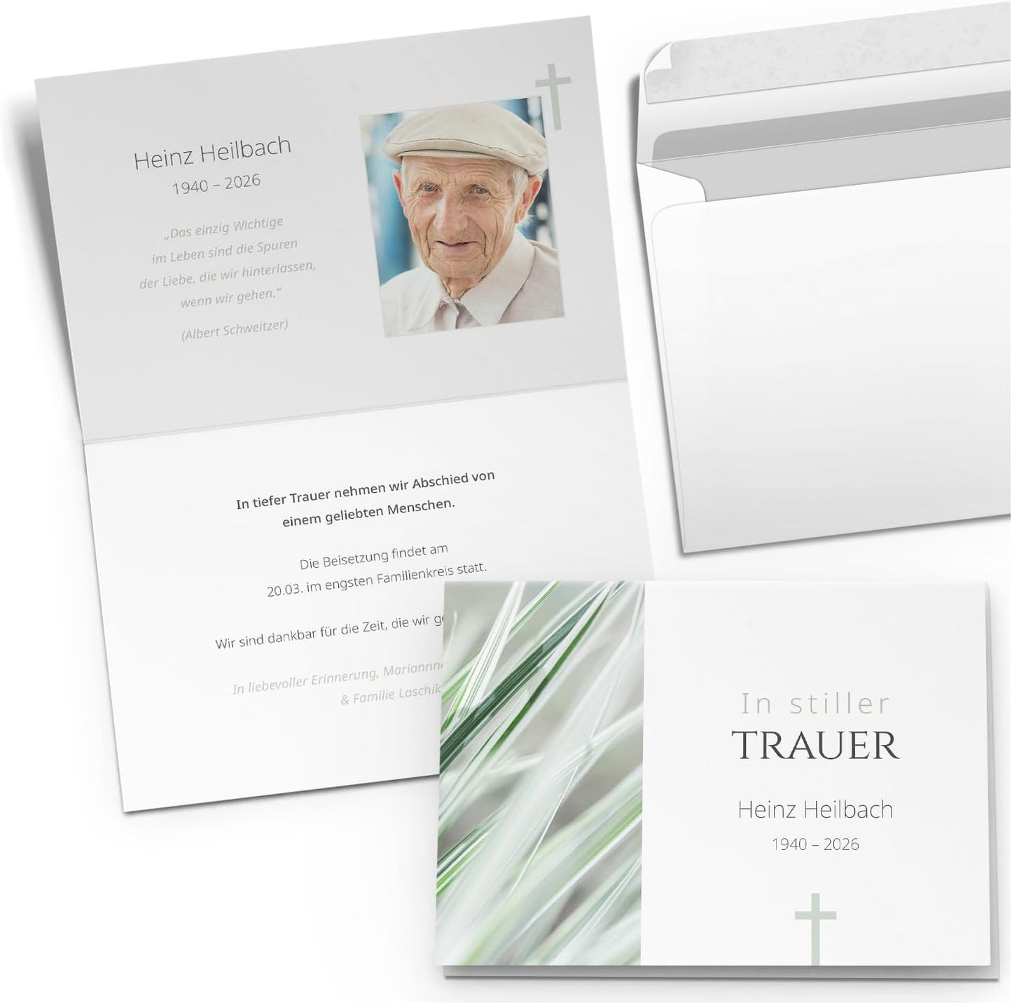 10x Einladung Beerdigung und Trauerfeier PERSONALISIERT | INDIVIDUALISIERT mit Text Foto und Umschlägen Klappkarte stilvoll hochwertig Karten Motiv 05