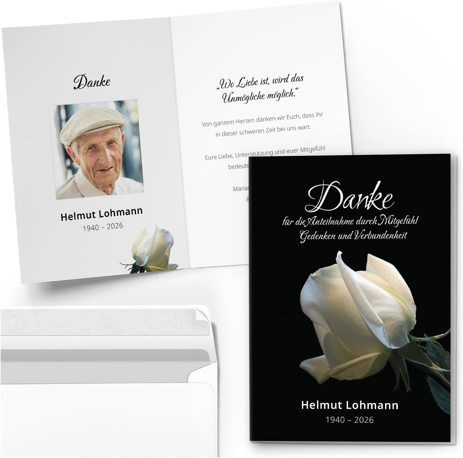 Einladungskarten Manufaktur Hamburg 10 PERSONALISIERTE Trauer Danksagungen Dankeskarten mit Text und Foto | Individuell anpassbare Trauerkarten mit Briefumschlägen | Karten weiße Rose