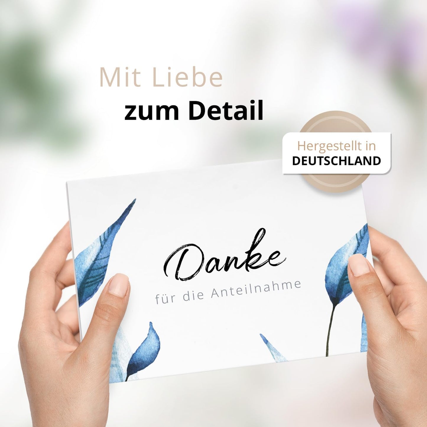 Danksagungskarten Trauer – 10 Klappkarten mit Umschlägen – Motiv: Blaue Blätter– Trauerkarten Danksagung mit Text – Dankeskarten Trauer nach Beerdigung
