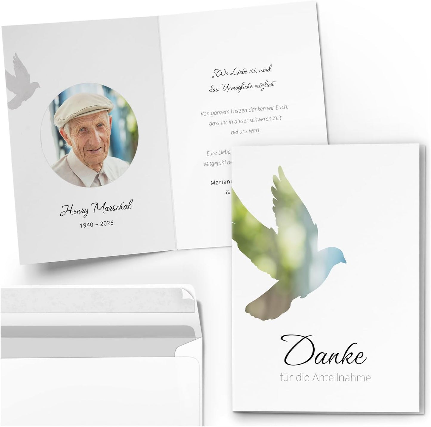 10 PERSONALISIERTE Trauer Danksagungen Dankeskarten mit eigenem Text und Foto | Individuell anpassbare Danke Trauerkarten mit Briefumschlägen | Karten für die Anteinahme Taube