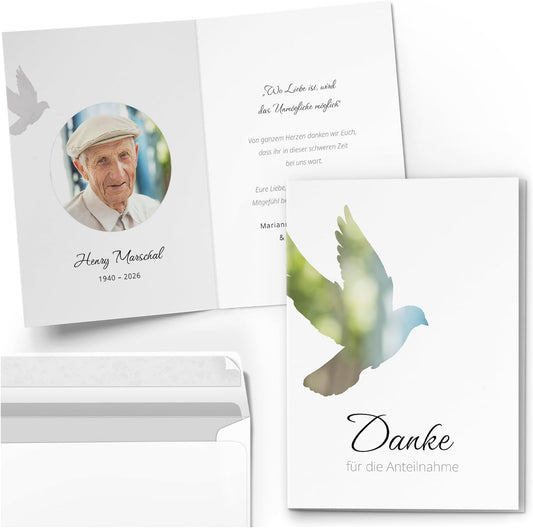 10 PERSONALISIERTE Trauer Danksagungen Dankeskarten mit eigenem Text und Foto | Individuell anpassbare Danke Trauerkarten mit Briefumschlägen | Karten für die Anteinahme Taube