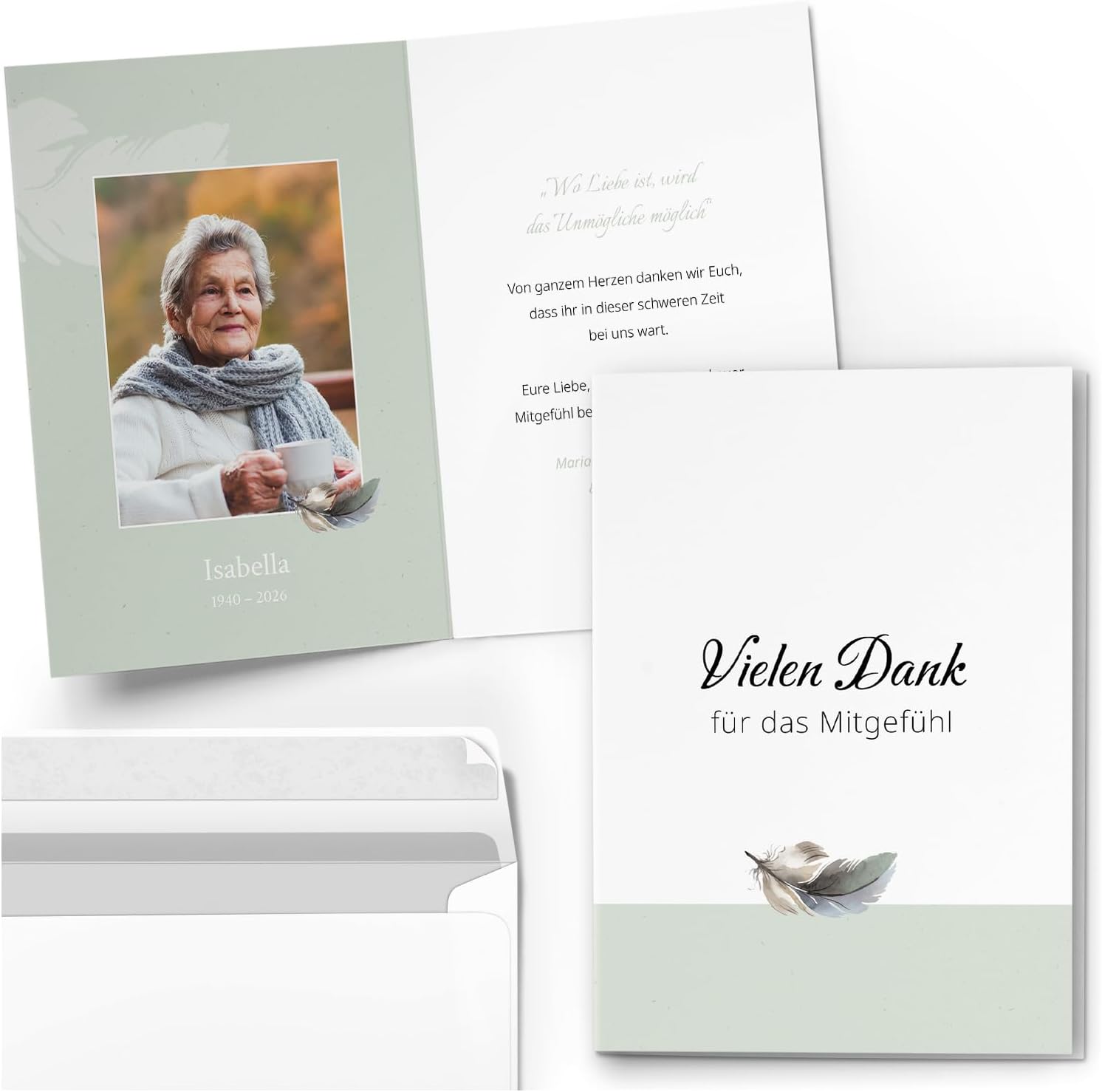 10 PERSONALISIERTE Trauer Danksagungen Dankeskarten mit eigenem Text und Foto | Individuell anpassbare Danke Trauerkarten mit Briefumschlägen | Karten für das Mitgefühl Feder