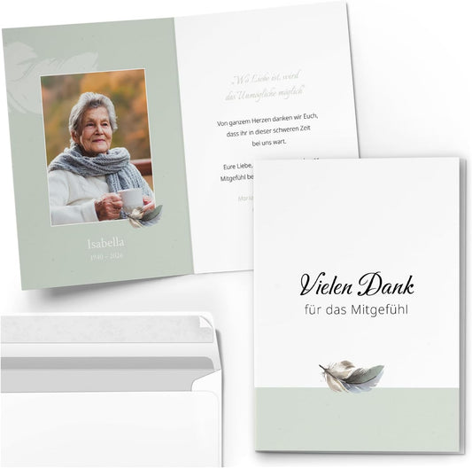 10 PERSONALISIERTE Trauer Danksagungen Dankeskarten mit eigenem Text und Foto | Individuell anpassbare Danke Trauerkarten mit Briefumschlägen | Karten für das Mitgefühl Feder