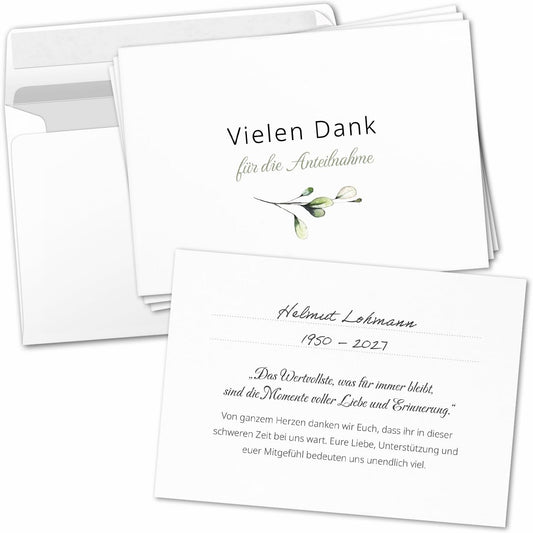 8 Trauer Danksagungskarten ausfüllbar mit Umschlag - Danke Trauerkarten Postkarten nach Beerdigung zum Ausfüllen mit Text Vielen Dank für Anteilnahme