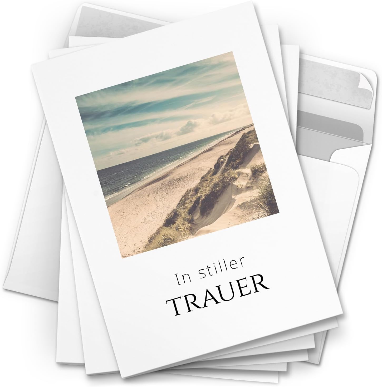 10 Trauerkarten mit Umschlag – Einladung zur Beerdigung oder Trauerfeier | Abschied | Hochwertige Klappkarten zur Todesanzeige – Motiv: Am Strand