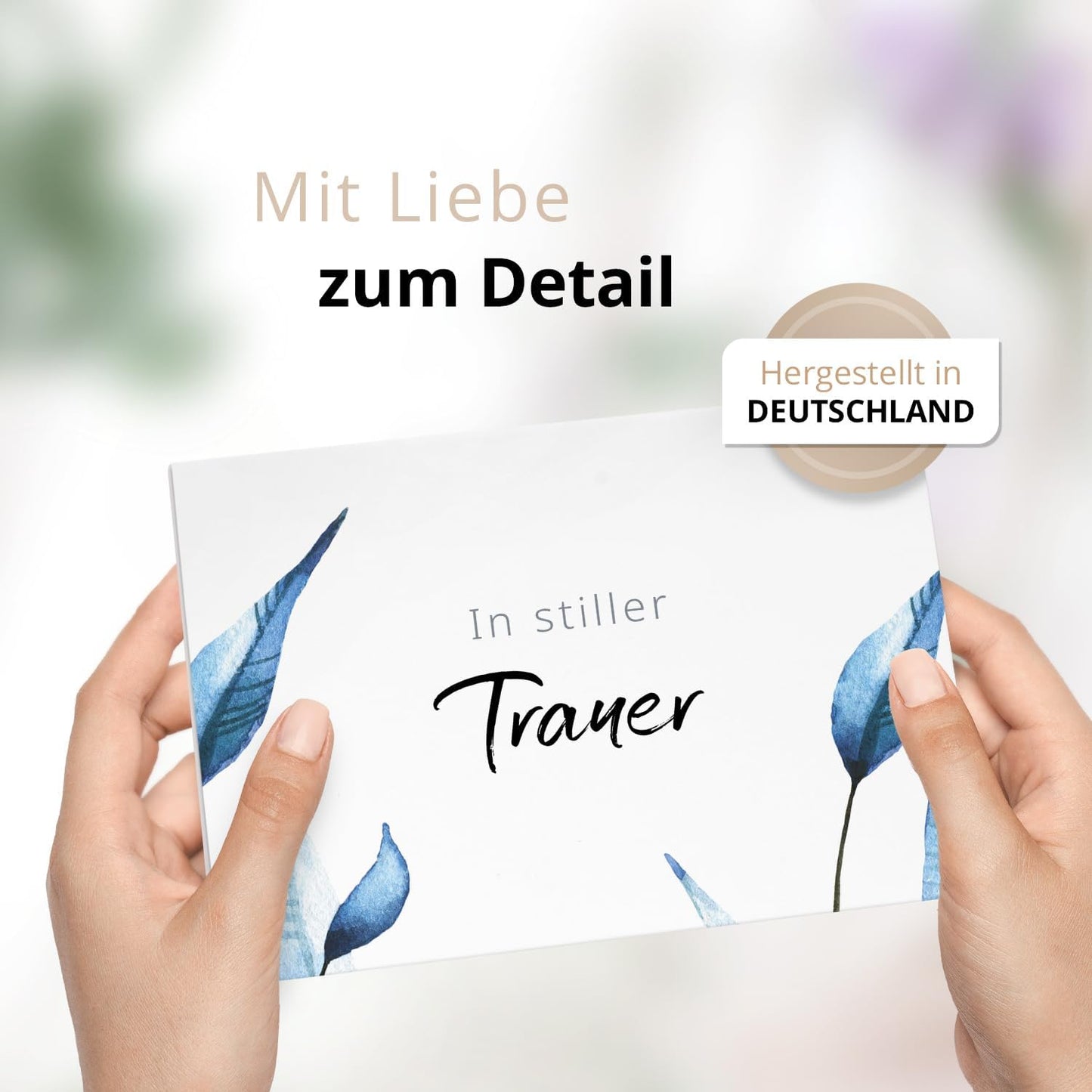 10 Trauerkarten mit Umschlag – Einladung zur Beerdigung oder Trauerfeier | Abschied | Hochwertige Klappkarten zur Todesanzeige – Motiv: Blaue Blätter