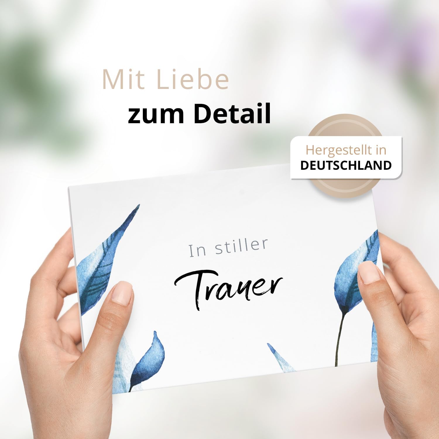 10 Trauerkarten mit Umschlag – Einladung zur Beerdigung oder Trauerfeier | Abschied | Hochwertige Klappkarten zur Todesanzeige – Motiv: Blaue Blätter