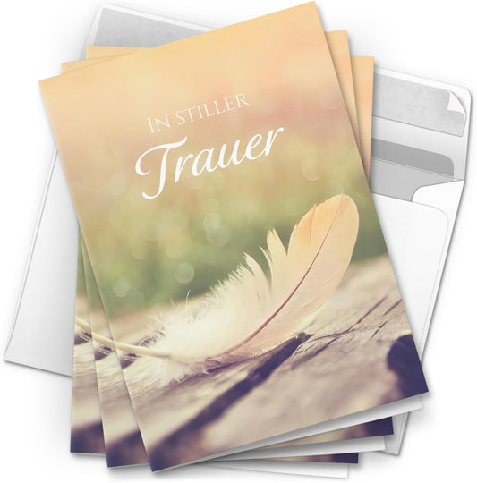 10 Trauerkarten mit Umschlag – Einladung zur Beerdigung oder Trauerfeier | Abschied | Hochwertige Klappkarten zur Todesanzeige – Motiv: Feder