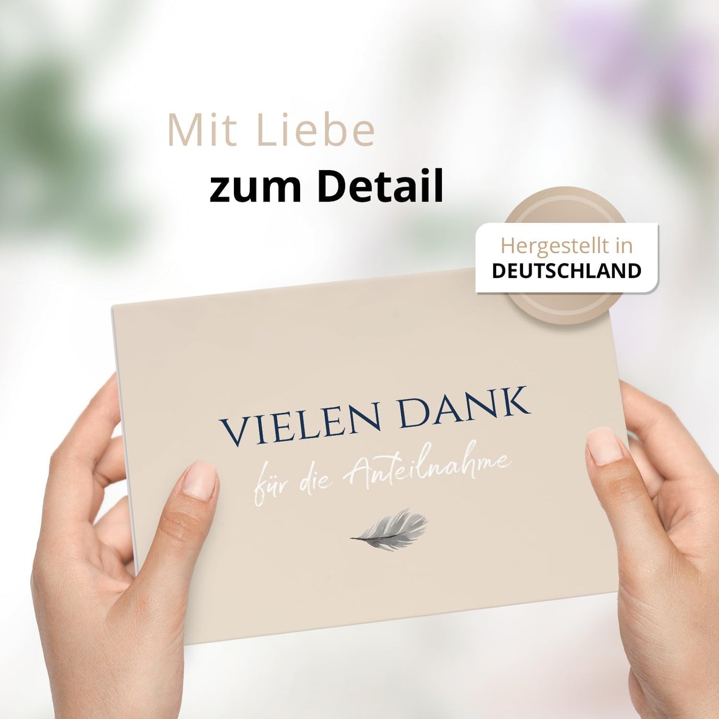 Danksagungskarten Trauer – 10 Klappkarten mit Umschlägen – Motiv: Feder auf Beige – Trauerkarten Danksagung mit Text – Dankeskarten Trauer nach Beerdigung