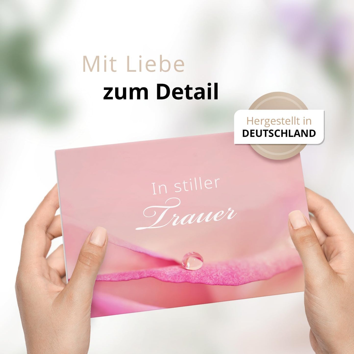 10 Trauerkarten mit Umschlag – Einladung zur Beerdigung oder Trauerfeier | Abschied | Hochwertige Klappkarten zur Todesanzeige – Motiv: Rosa Tropfen