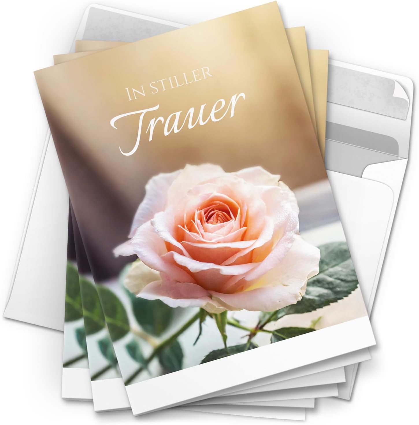 10 Trauerkarten mit Umschlag – Einladung zur Beerdigung oder Trauerfeier | Abschied | Hochwertige Klappkarten zur Todesanzeige – Motiv: Rosa Rose