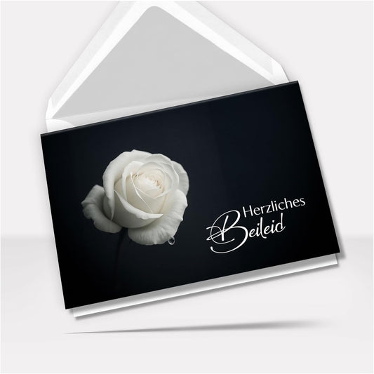 Trauerkarte Beileid mit Umschlag – Beileidskarte Kondolenzkarte – Hochwertige Klappkarte für persönliche Anteilnahme Motiv weisse Rose