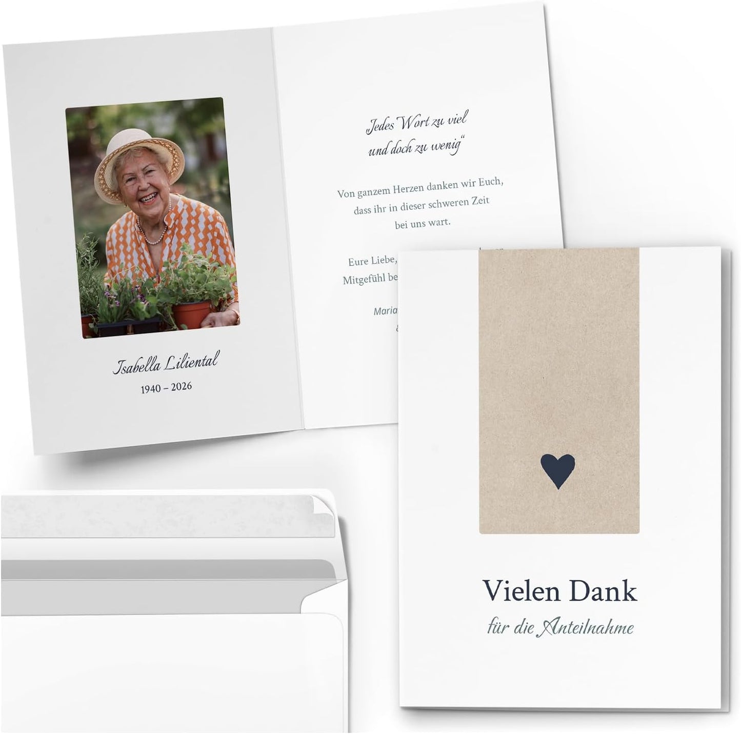 10 PERSONALISIERTE Trauer Danksagungen Dankeskarten mit eigenem Text und Foto | Individuell anpassbare Danke Trauerkarten mit Briefumschlägen | Karten Großes Beige Herz