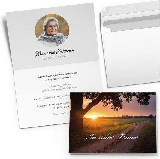 10x Einladung Beerdigung und Trauerfeier PERSONALISIERT | INDIVIDUALISIERT mit Text Foto und Umschlägen Klappkarte stilvoll hochwertig Karten Motiv 08