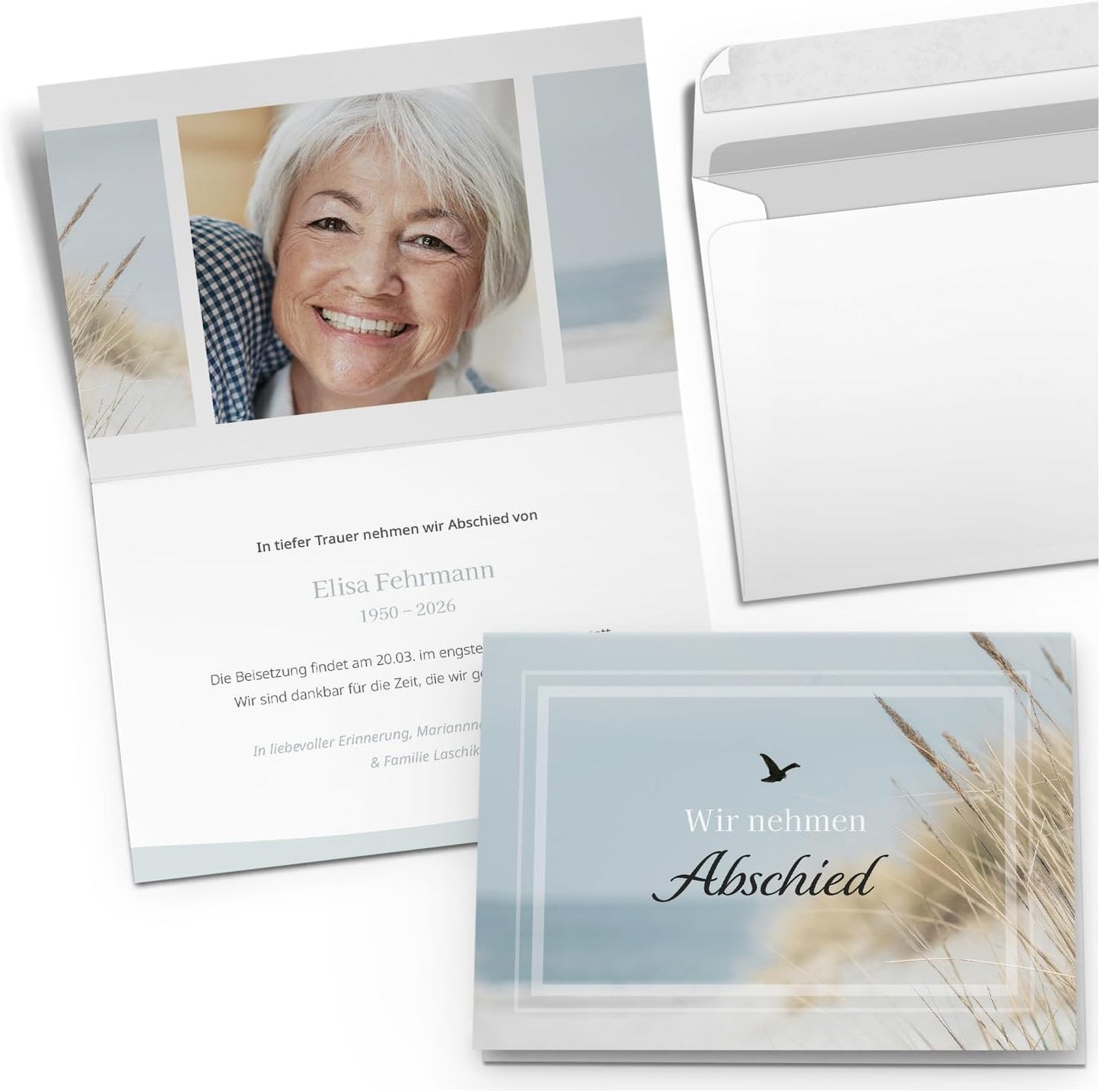 10x Einladung Beerdigung und Trauerfeier PERSONALISIERT | INDIVIDUALISIERT mit Text Foto und Umschlägen Klappkarte stilvoll hochwertig Karten Motiv 04