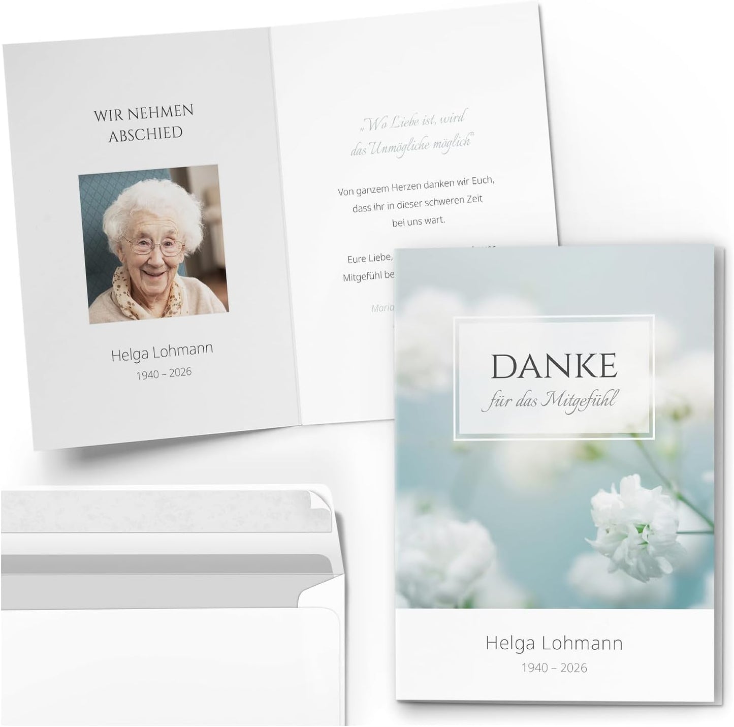 10 PERSONALISIERTE Trauer Danksagungen Dankeskarten mit eigenem Text und Foto | Individuell anpassbare Trauerkarten mit Briefumschlägen | Danke für das Mitgefühl 01