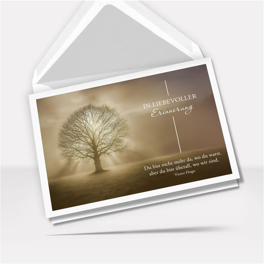 Trauerkarte Beileid mit Umschlag – Beileidskarte Kondolenzkarte – Hochwertige Klappkarte für persönliche Anteilnahme Motiv Baum im Licht