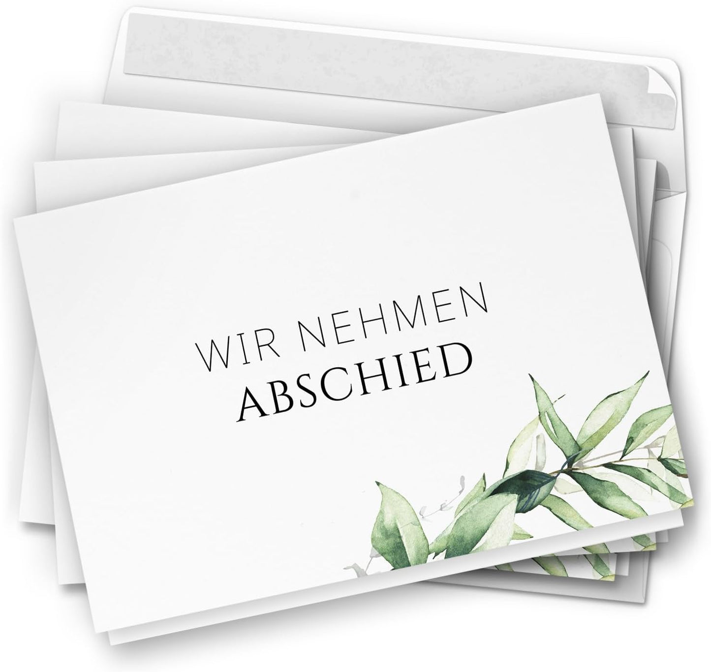 10 Trauerkarten mit Umschlag – Einladung zur Beerdigung oder Trauerfeier | Abschied | Hochwertige Klappkarten zur Todesanzeige – Motiv: Grüne Blätter