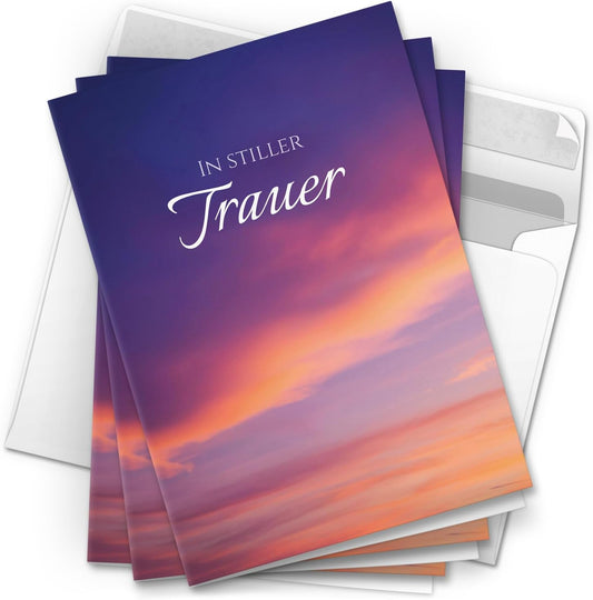 10 Trauerkarten mit Umschlag – Einladung zur Beerdigung oder Trauerfeier | Abschied | Hochwertige Klappkarten zur Todesanzeige – Motiv: Lila Wolken