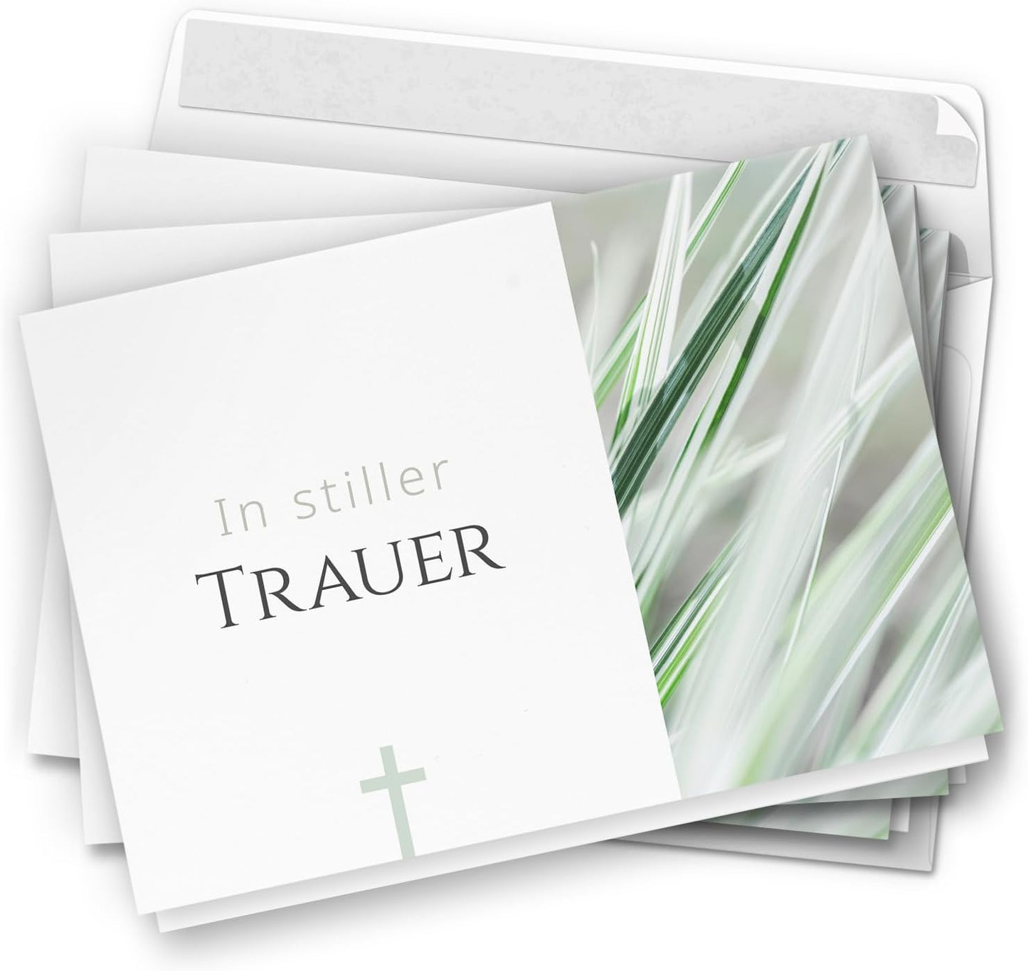 10 Trauerkarten mit Umschlag – Einladung zur Beerdigung oder Trauerfeier | Abschied | Hochwertige Klappkarten zur Todesanzeige – Motiv: Grüne Gräser