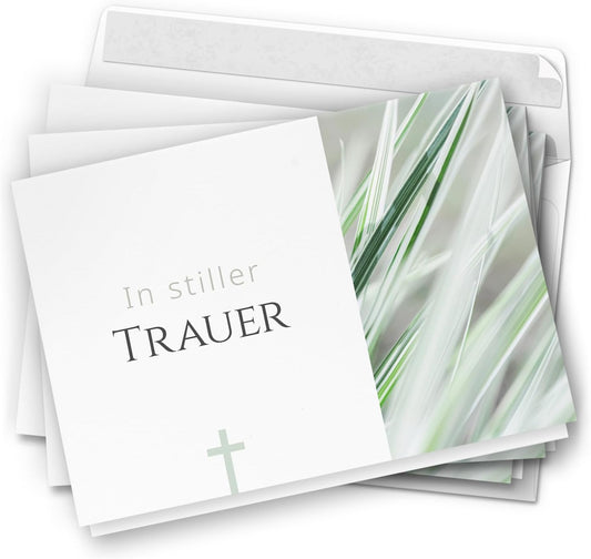10 Trauerkarten mit Umschlag – Einladung zur Beerdigung oder Trauerfeier | Abschied | Hochwertige Klappkarten zur Todesanzeige – Motiv: Grüne Gräser