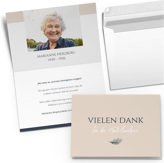 Einladungskarten Manufaktur Hamburg 10 PERSONALISIERTE Trauer Danksagungen Dankeskarten mit eigenem Text und Foto | Individuell anpassbare Trauerkarten mit Briefumschlägen | Karten Design 03