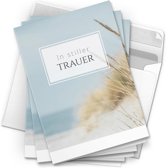 10 Trauerkarten mit Umschlag – Einladung zur Beerdigung oder Trauerfeier | Abschied | Hochwertige Klappkarten zur Todesanzeige – Motiv: Die Düne