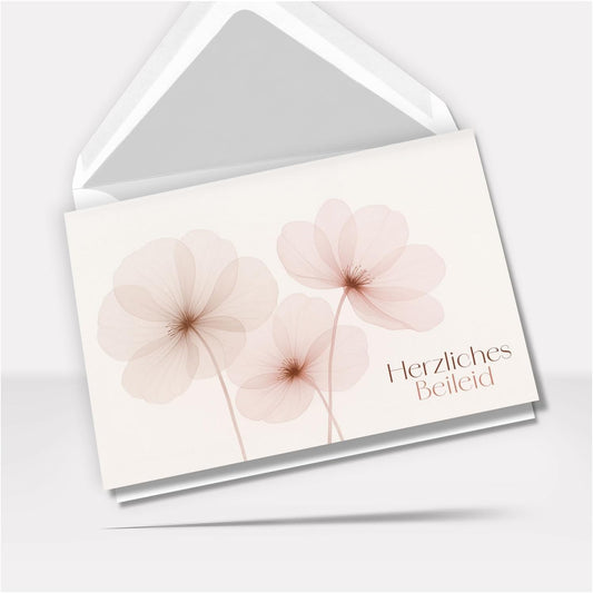Trauerkarte Beileid mit Umschlag – Beileidskarte Kondolenzkarte – Hochwertige Klappkarte für persönliche Anteilnahme Motiv zarte Blüten rosa