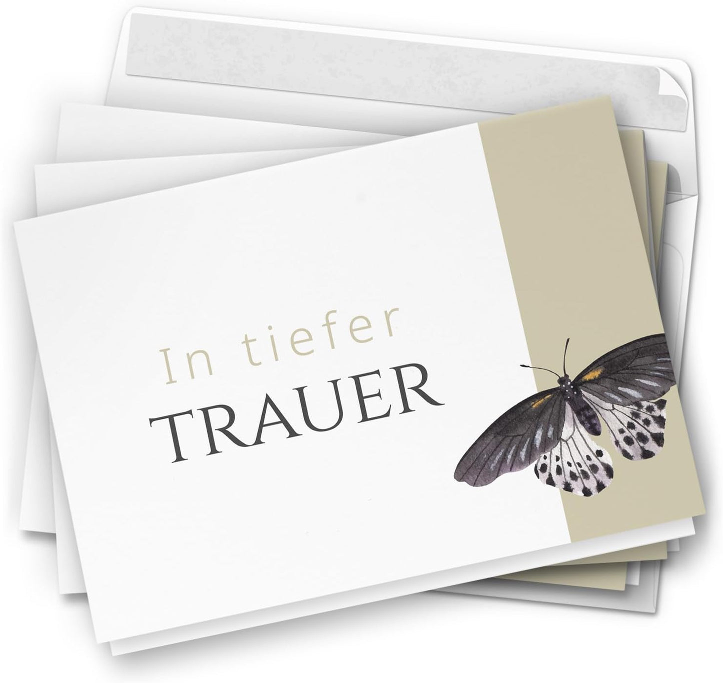 10 Trauerkarten mit Umschlag – Einladung zur Beerdigung oder Trauerfeier | Abschied | Hochwertige Klappkarten zur Todesanzeige – Schmetterling Beige