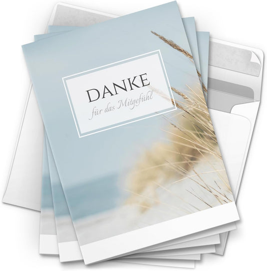 Danksagungskarten Trauer – 10 Klappkarten mit Umschlägen – Motiv: Düne Strand See – Trauerkarten Danksagung mit Text – Dankeskarten Trauer nach Beerdigung