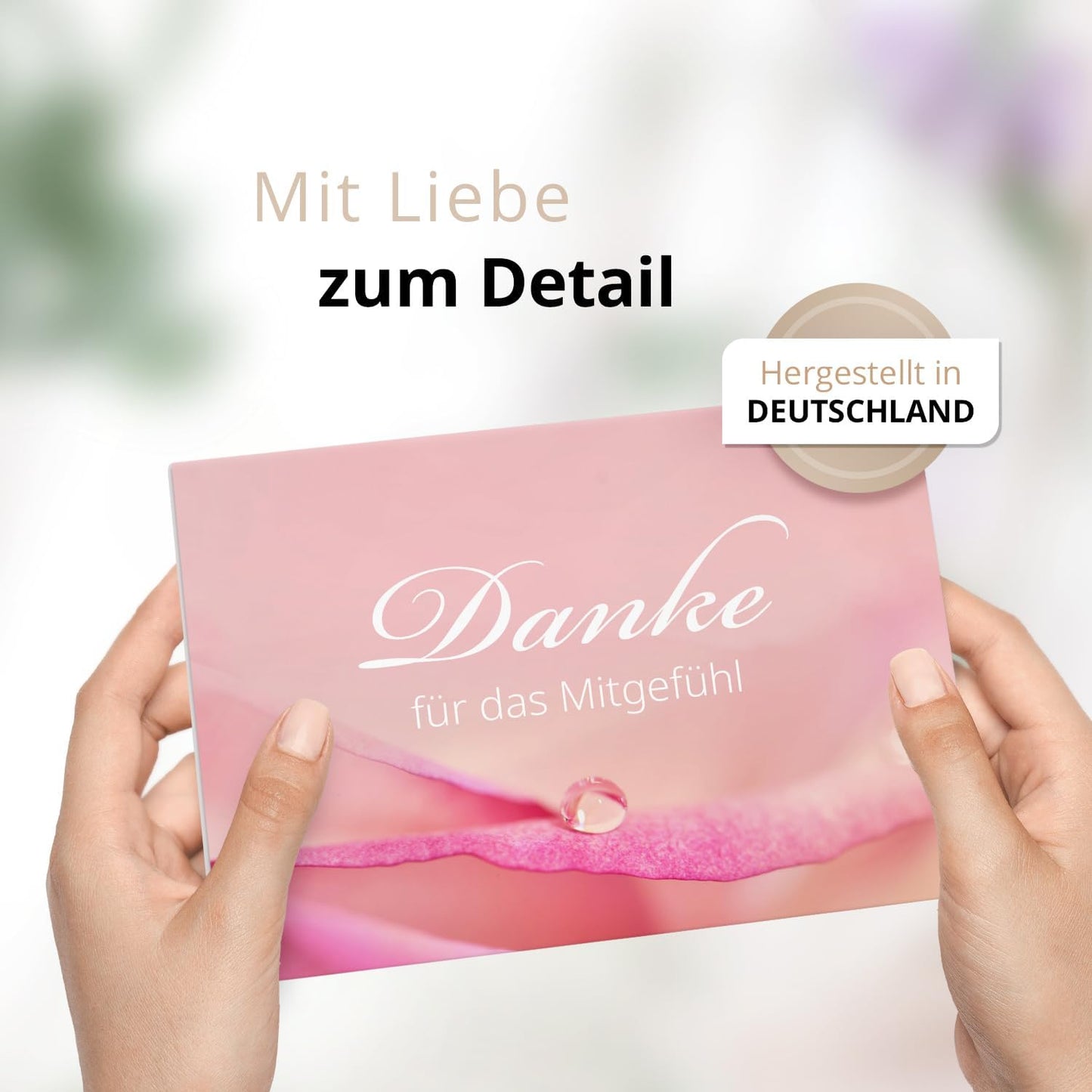 Danksagungskarten Trauer – 10 Klappkarten mit Umschlägen – Motiv: Tropfen auf Rosa – Trauerkarten Danksagung mit Text – Dankeskarten Trauer nach Beerdigung