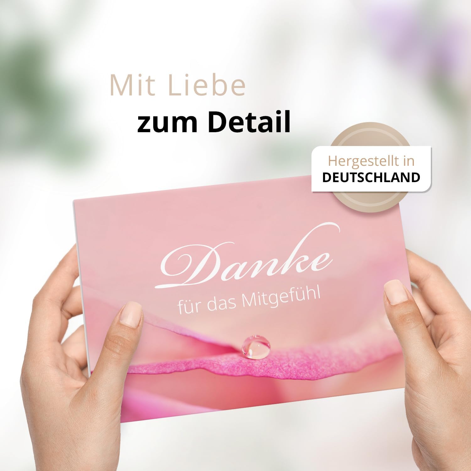 Danksagungskarten Trauer – 10 Klappkarten mit Umschlägen – Motiv: Tropfen auf Rosa – Trauerkarten Danksagung mit Text – Dankeskarten Trauer nach Beerdigung