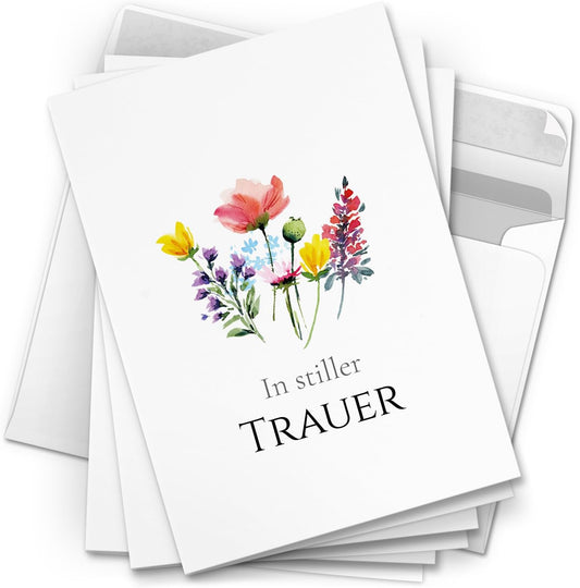 10 Trauerkarten mit Umschlag – Einladung zur Beerdigung oder Trauerfeier | Abschied | Hochwertige Klappkarten zur Todesanzeige – Motiv: Blumen Bunt