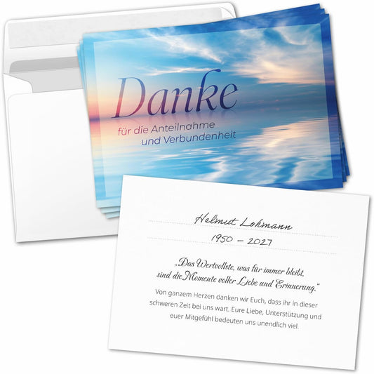 Einladungskarten Manufaktur Hamburg 8 Trauer Danksagungskarten ausfüllbar mit Umschlag - Danke Trauerkarten Postkarten nach Beerdigung zum Ausfüllen mit Text Motiv Meer Seebestattung See
