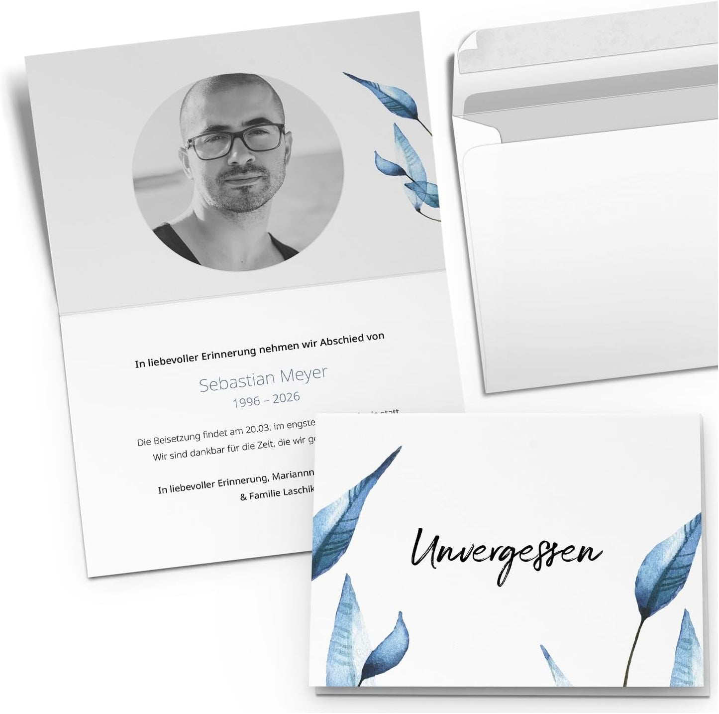 10x Einladung Beerdigung und Trauerfeier PERSONALISIERT | INDIVIDUALISIERT mit Text Foto und Umschlägen Klappkarte stilvoll hochwertig Karten Motiv 13
