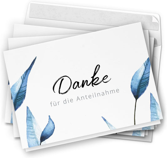 Danksagungskarten Trauer – 10 Klappkarten mit Umschlägen – Motiv: Blaue Blätter– Trauerkarten Danksagung mit Text – Dankeskarten Trauer nach Beerdigung