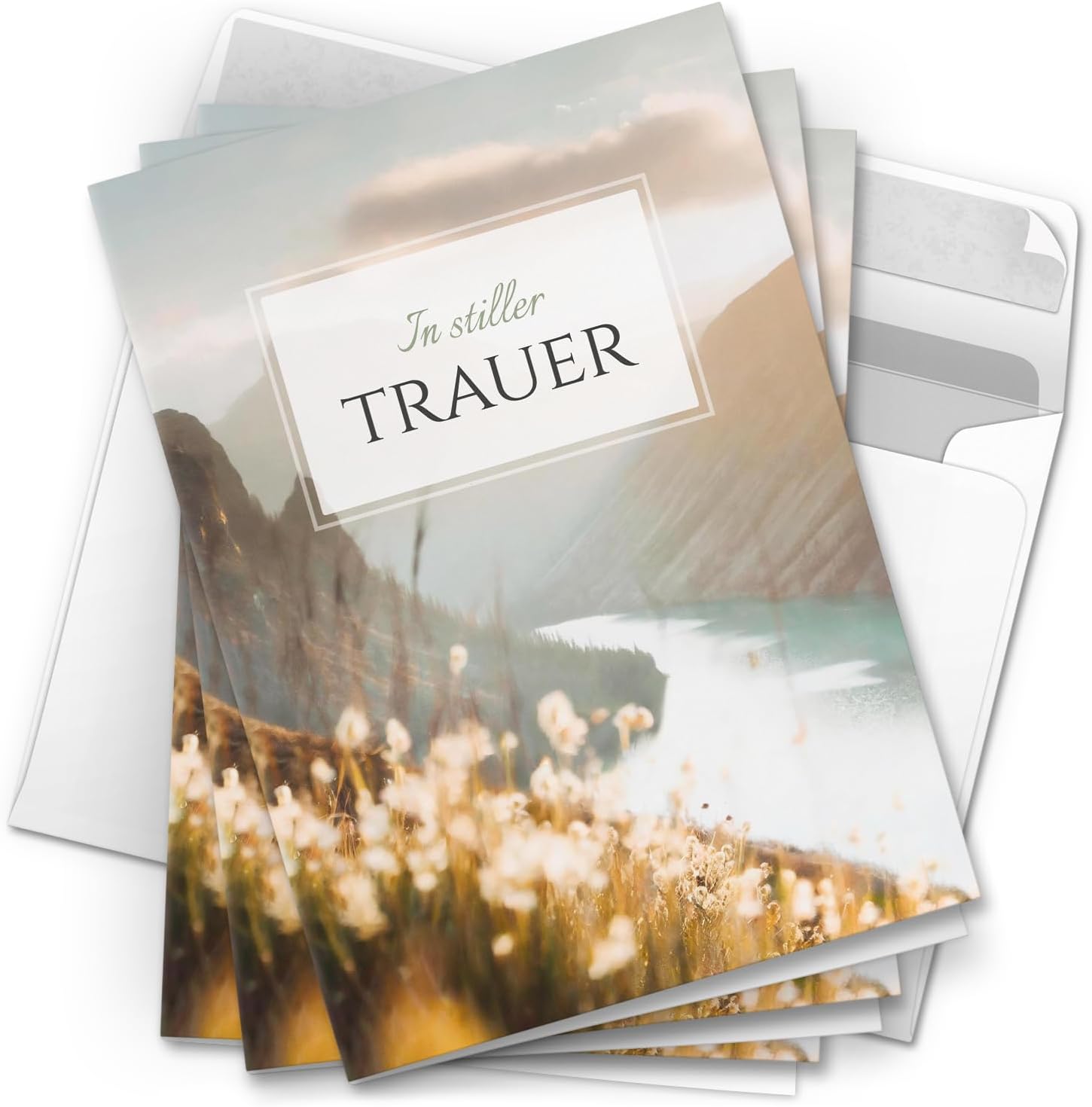 10 Trauerkarten mit Umschlag – Einladung zur Beerdigung oder Trauerfeier | Abschied | Hochwertige Klappkarten zur Todesanzeige – Motiv: Bergwiese