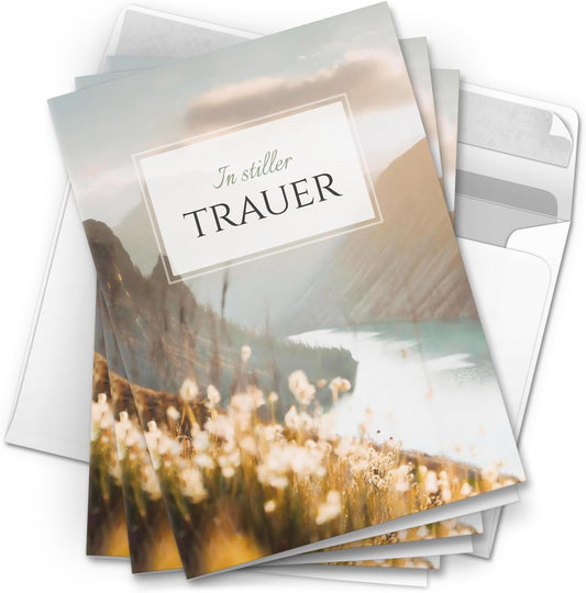 10 Trauerkarten mit Umschlag – Einladung zur Beerdigung oder Trauerfeier | Abschied | Hochwertige Klappkarten zur Todesanzeige – Motiv: Bergwiese