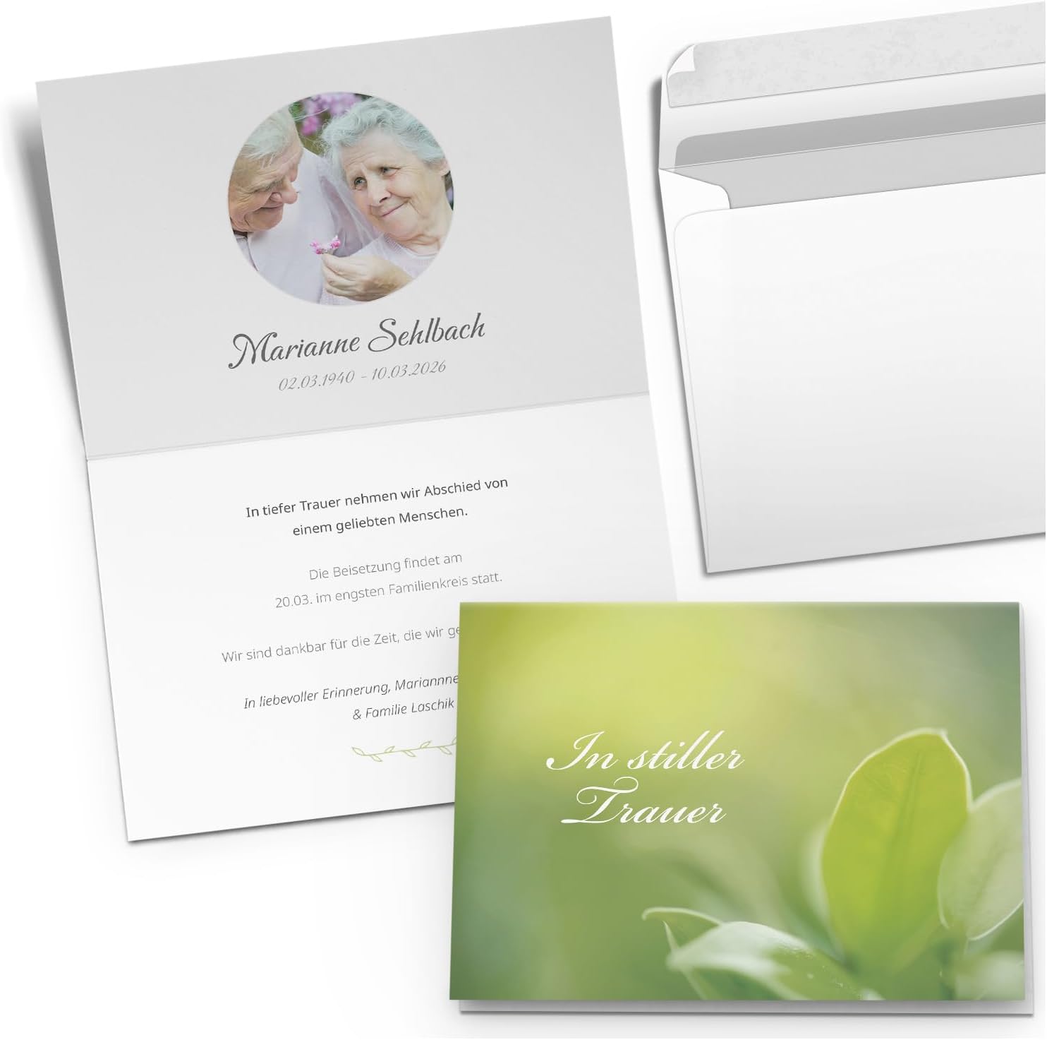 10x Einladung Beerdigung und Trauerfeier PERSONALISIERT | INDIVIDUALISIERT mit Text Foto und Umschlägen Klappkarte stilvoll hochwertig Karten Motiv 09