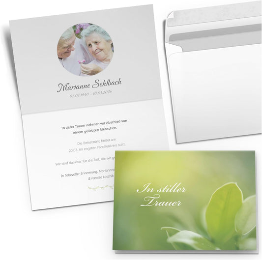 10x Einladung Beerdigung und Trauerfeier PERSONALISIERT | INDIVIDUALISIERT mit Text Foto und Umschlägen Klappkarte stilvoll hochwertig Karten Motiv 09