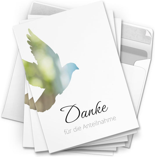 Danksagungskarten Trauer – 10 Klappkarten mit Umschlägen – Motiv: Taube – Trauerkarten Danksagung mit Text – Dankeskarten Trauer nach Beerdigung