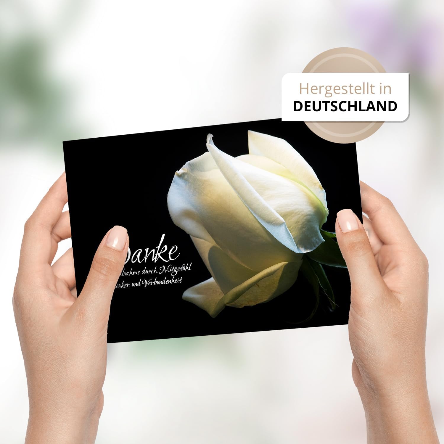 8 Trauer Danksagungskarten ausfüllbar mit Umschlag - Danke Trauerkarten Postkarten nach Beerdigung zum Ausfüllen mit Text Motiv Weisse Rose Rosen