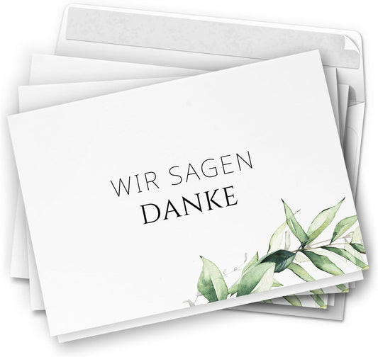 Danksagungskarten Trauer – 10 Klappkarten mit Umschlägen – Motiv: Grüne Blätter – Trauerkarten Danksagung mit Text – Dankeskarten Trauer nach Beerdigung