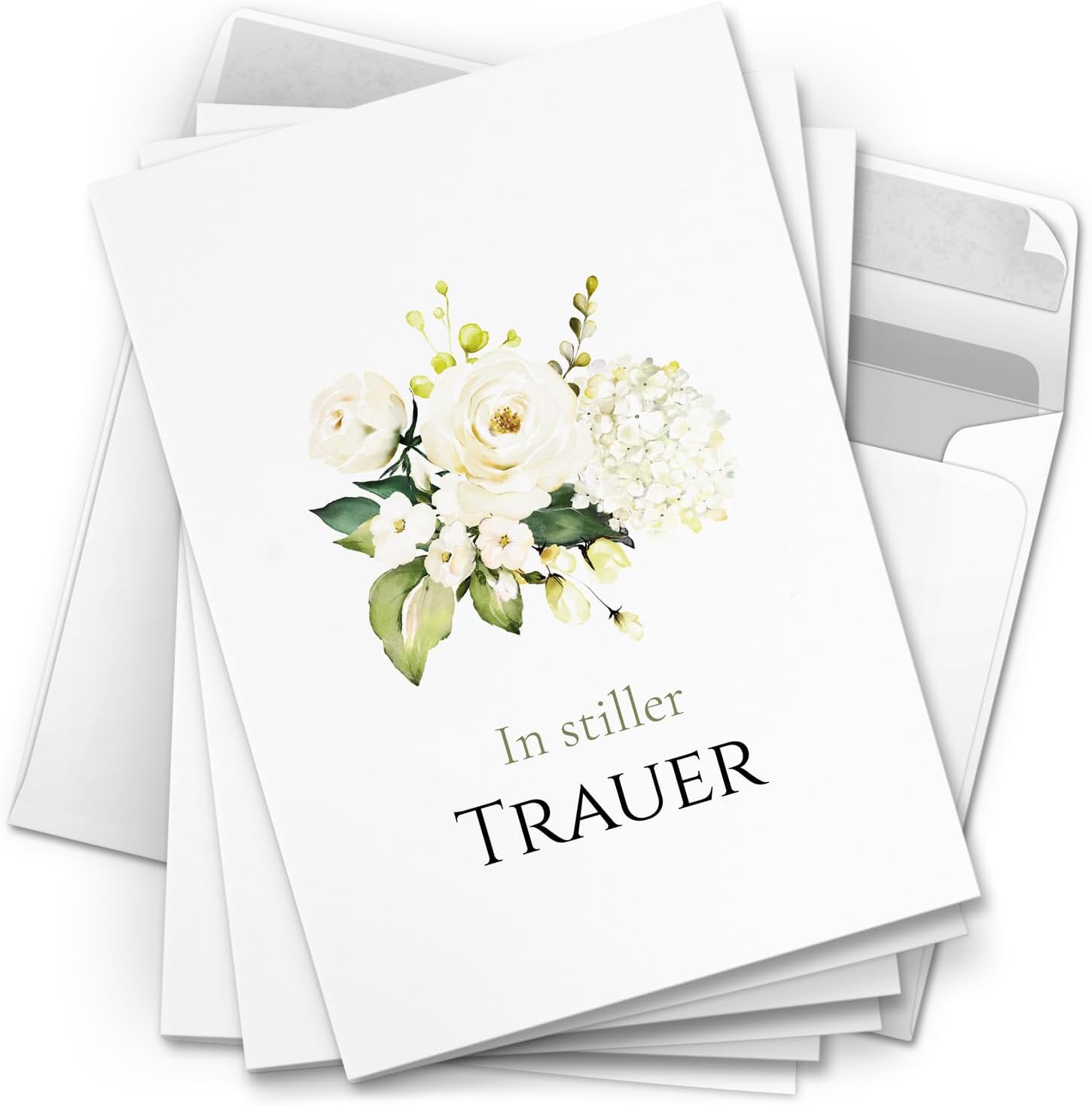 10 Trauerkarten mit Umschlag – Einladung zur Beerdigung oder Trauerfeier | Abschied | Hochwertige Klappkarten zur Todesanzeige – Motiv: Weisse Rosen