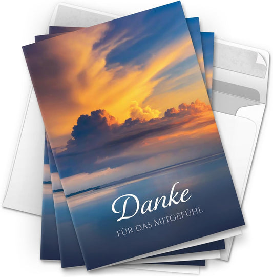 Danksagungskarten Trauer – 10 Klappkarten mit Umschlägen – Motiv: Wolken im Himmel – Trauerkarten Danksagung mit Text – Dankeskarten Trauer nach Beerdigung